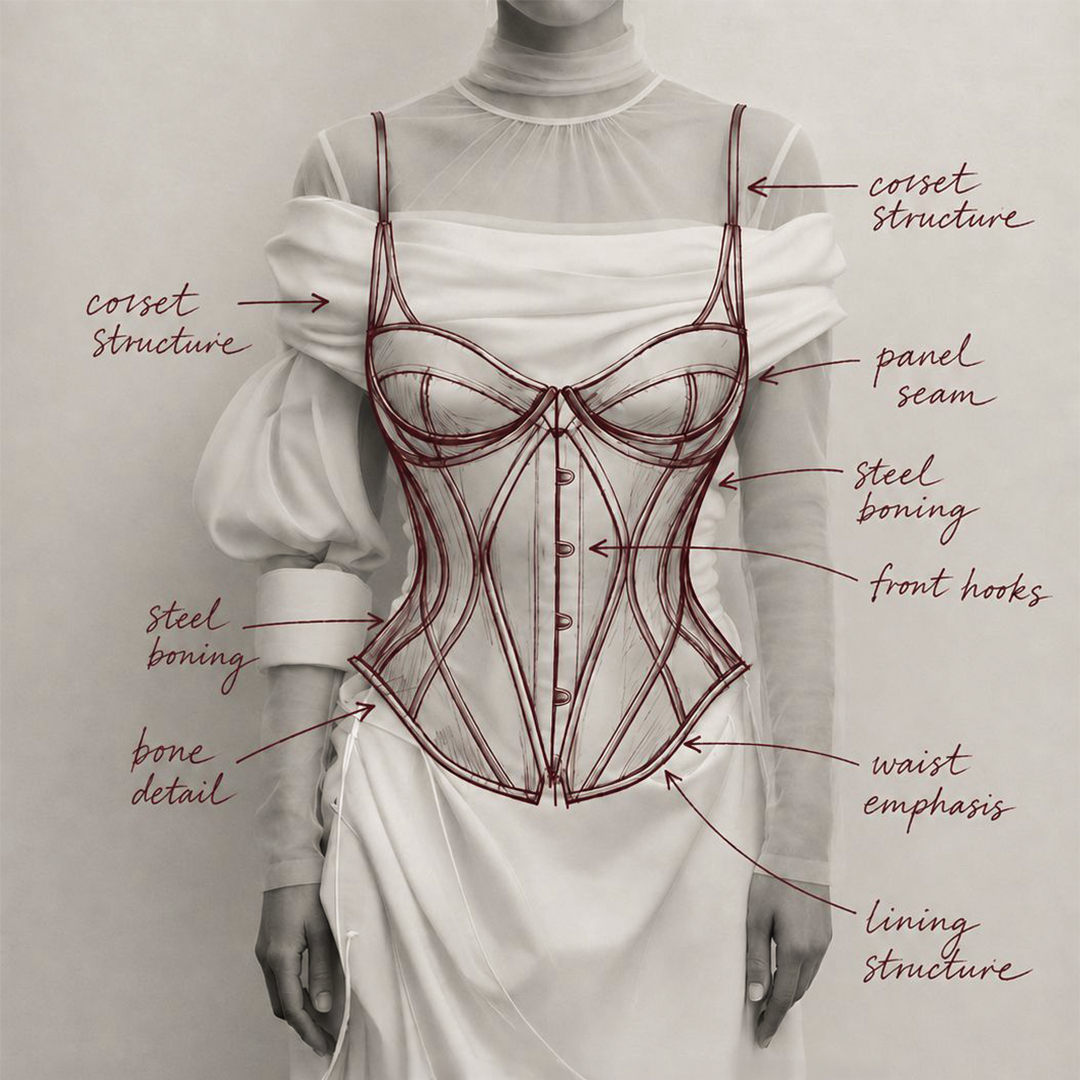 Annotated corset construction diagram: corset structure, panel seam, steel boning, front hooks, waist emphasis, lining structure, bone detail